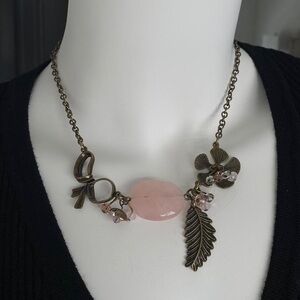 Antiqued Gold Tone Rose Quartz Park Lane Charm Necklace